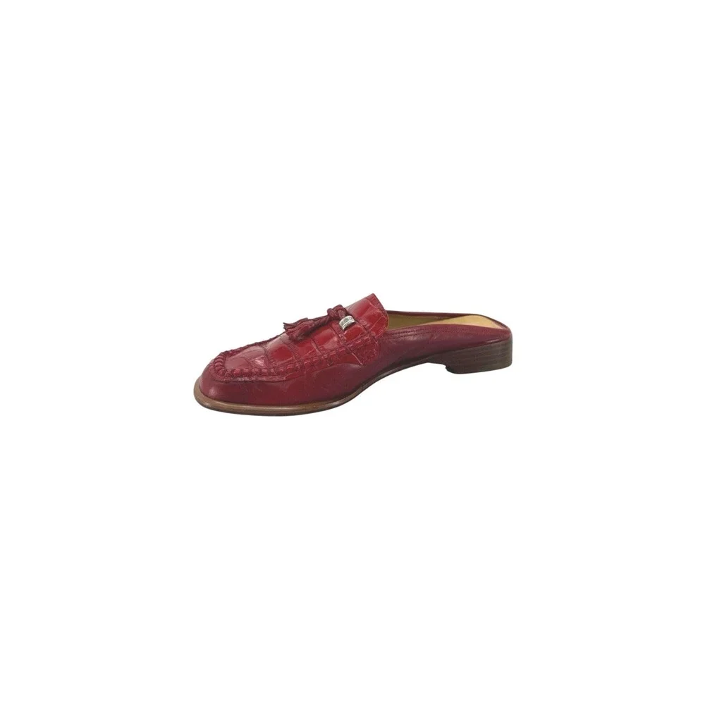 Brighton Julie Women's 7.5 Red Tasseled Croc Leather Loafer Mule Shoe Quiet Luxe